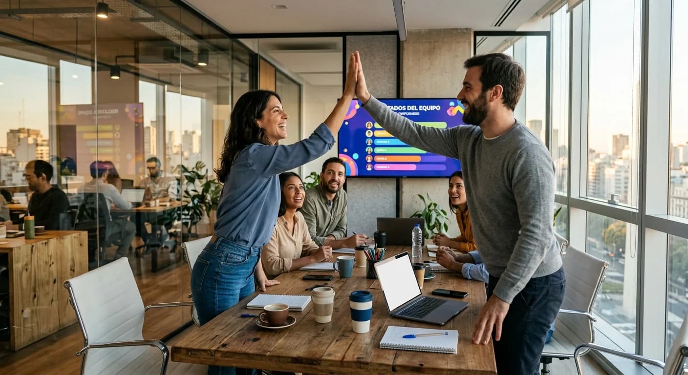 Equipo de oficina chocando manos con leaderboard de empleados en pantalla