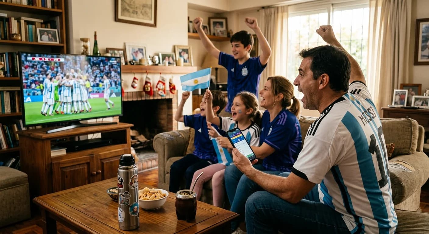 Familia argentina festejando un gol frente a la TV