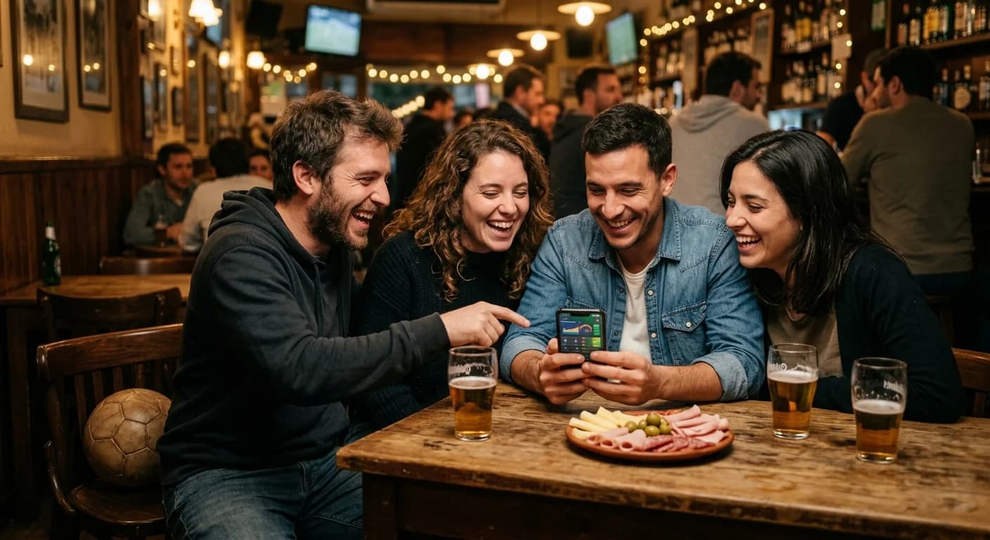 Grupo de amigos en un bar mirando el celular y riendo